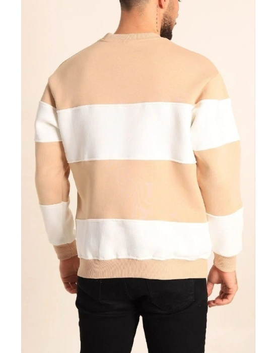 Erkek 3 iplik pamuklu Parçalı Bisiklet Yaka SweatShirt - Bej