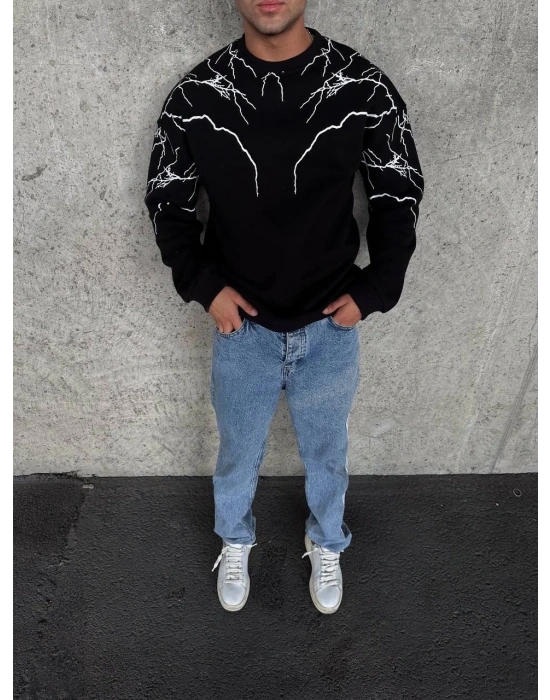 Erkek 3 iplik pamuklu Yıldırım Baskılı Bisiklet Yaka SweatShirt - Siyah