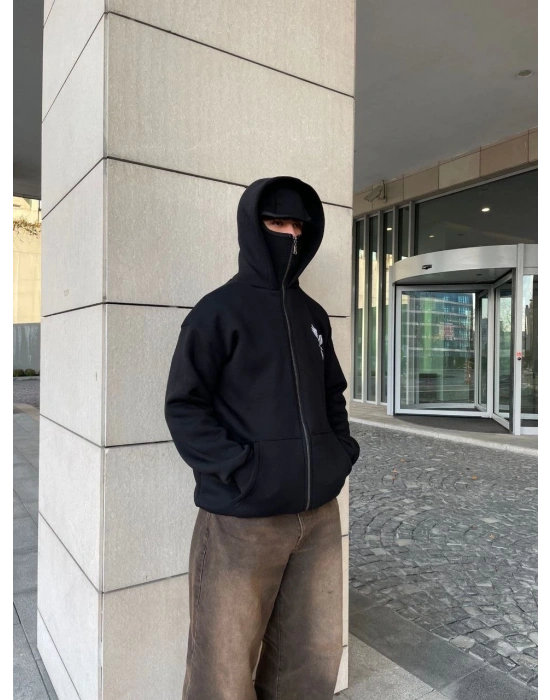 Erkek 3 iplik Samuray kapüşonlu ZIP Fermuarlı SweatShirt Hoodie - Siyah