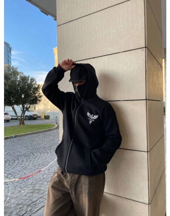 Erkek 3 iplik Samuray kapüşonlu ZIP Fermuarlı SweatShirt Hoodie - Siyah