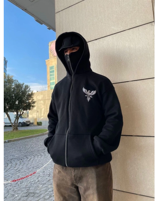 Erkek 3 iplik Samuray kapüşonlu ZIP Fermuarlı SweatShirt Hoodie - Siyah
