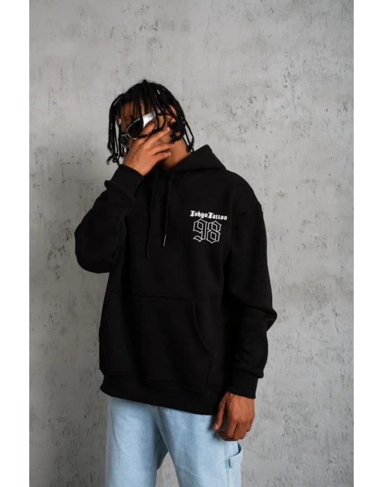 Erkek 98 Baskılı Kapüşonlu 3 iplik pamuklu hoodie Sweatshirt - Siyah