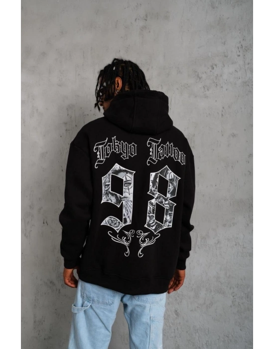 Erkek 98 Baskılı Kapüşonlu 3 iplik pamuklu hoodie Sweatshirt - Siyah