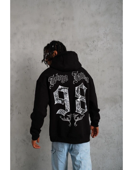 Erkek 98 Baskılı Kapüşonlu 3 iplik pamuklu hoodie Sweatshirt - Siyah