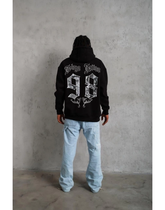 Erkek 98 Baskılı Kapüşonlu 3 iplik pamuklu hoodie Sweatshirt - Siyah