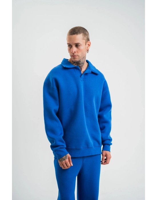 Erkek Açık Yakalı Oversize 3 İplik Pamuklu Sweatshirt - Mavii