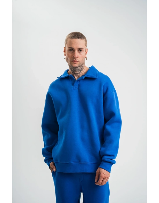 Erkek Açık Yakalı Oversize 3 İplik Pamuklu Sweatshirt - Mavii