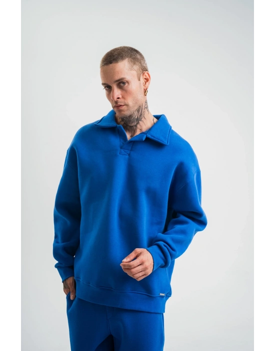 Erkek Açık Yakalı Oversize 3 İplik Pamuklu Sweatshirt - Mavii