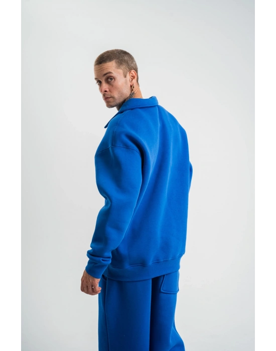 Erkek Açık Yakalı Oversize 3 İplik Pamuklu Sweatshirt - Mavii