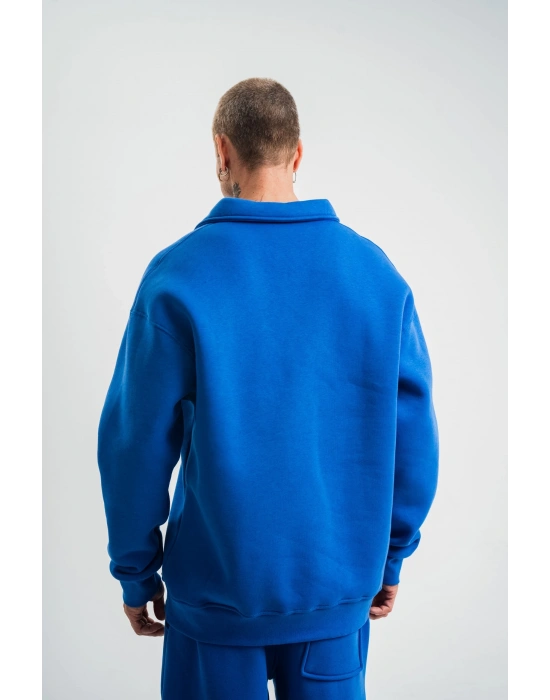 Erkek Açık Yakalı Oversize 3 İplik Pamuklu Sweatshirt - Mavii
