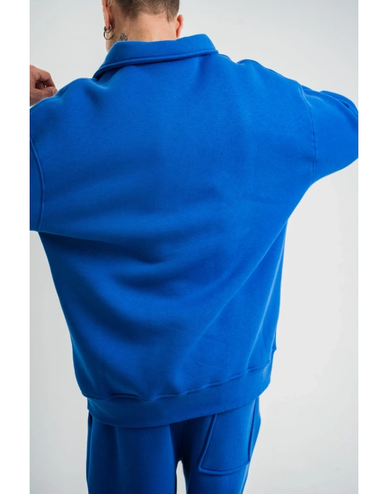 Erkek Açık Yakalı Oversize 3 İplik Pamuklu Sweatshirt - Mavii