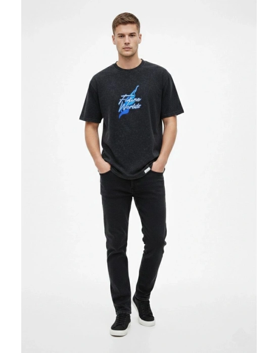 Erkek Asit Yıkamalı Oversize Tişört Bisiklet Yaka Kısa Kol T-shirt - Siyah