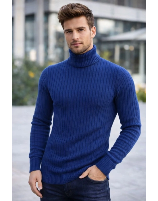 Erkek Balıkçı Yaka Boğazlı Triko Kazak Kalın Fitilli Regular Fit - İndigo