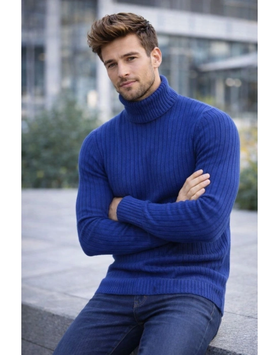 Erkek Balıkçı Yaka Boğazlı Triko Kazak Kalın Fitilli Regular Fit - İndigo