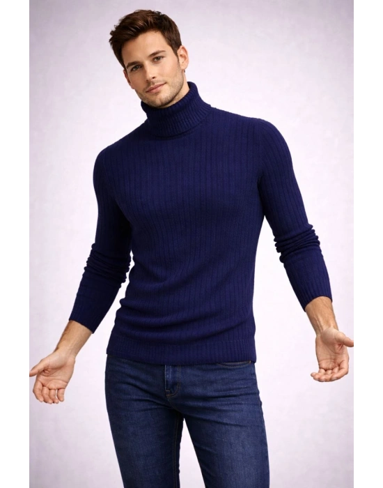 Erkek Balıkçı Yaka Boğazlı Triko Kazak Kalın Fitilli Regular Fit - Lacivert