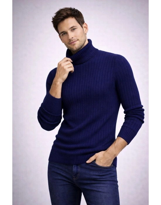 Erkek Balıkçı Yaka Boğazlı Triko Kazak Kalın Fitilli Regular Fit - Lacivert