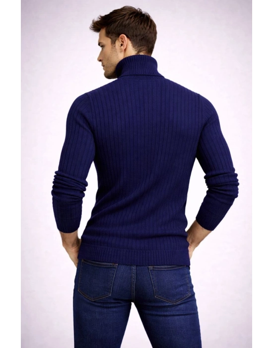 Erkek Balıkçı Yaka Boğazlı Triko Kazak Kalın Fitilli Regular Fit - Lacivert