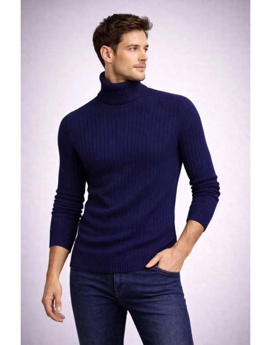 Erkek Balıkçı Yaka Boğazlı Triko Kazak Kalın Fitilli Regular Fit - Lacivert
