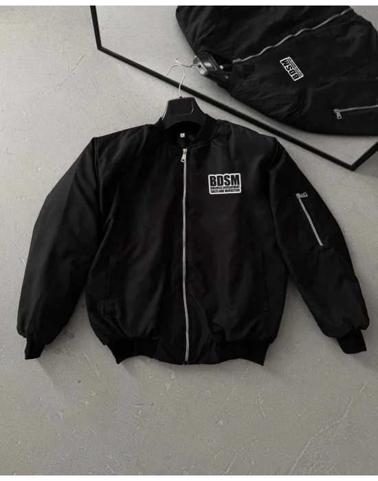 Erkek Baskılı Bomber Mont Fermuarlı Cepli Kapitone Astarlı  - Siyah