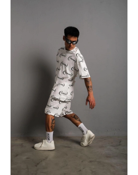 Erkek Baskılı İkili Şortlu Alt-Üst Takım - Beyaz