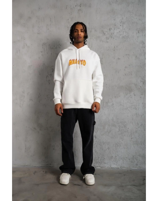 Erkek Baskılı Kapüşonlu 3 iplik pamuklu hoodie Sweatshirt - Beyaz