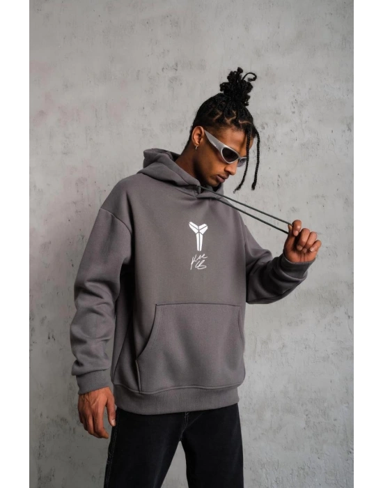 Erkek Baskılı Kapüşonlu 3 iplik pamuklu Hoodie Sweatshirt - Gri