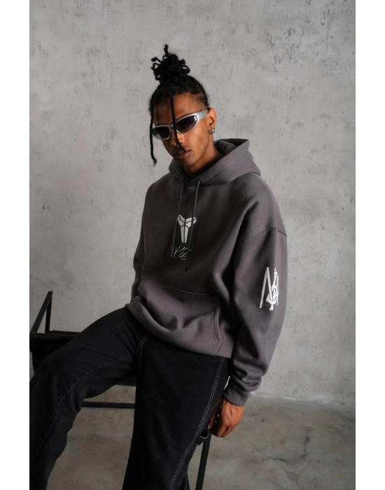 Erkek Baskılı Kapüşonlu 3 iplik pamuklu Hoodie Sweatshirt - Gri