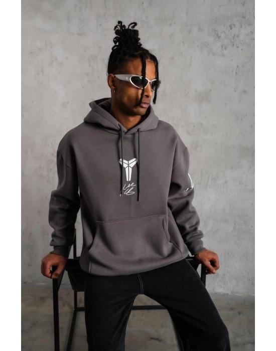 Erkek Baskılı Kapüşonlu 3 iplik pamuklu Hoodie Sweatshirt - Gri
