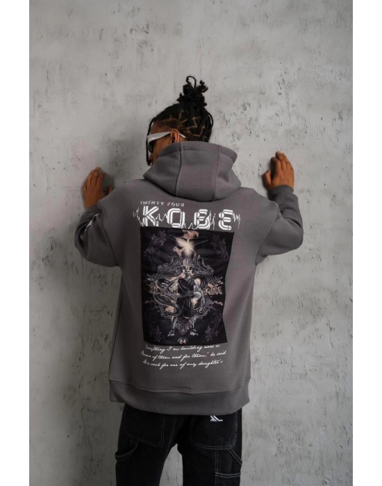 Erkek Baskılı Kapüşonlu 3 iplik pamuklu Hoodie Sweatshirt - Gri