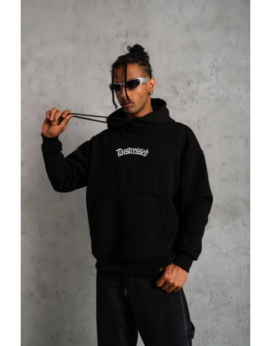 Erkek Baskılı Kapüşonlu 3 iplik pamuklu hoodie Sweatshirt - Siyah