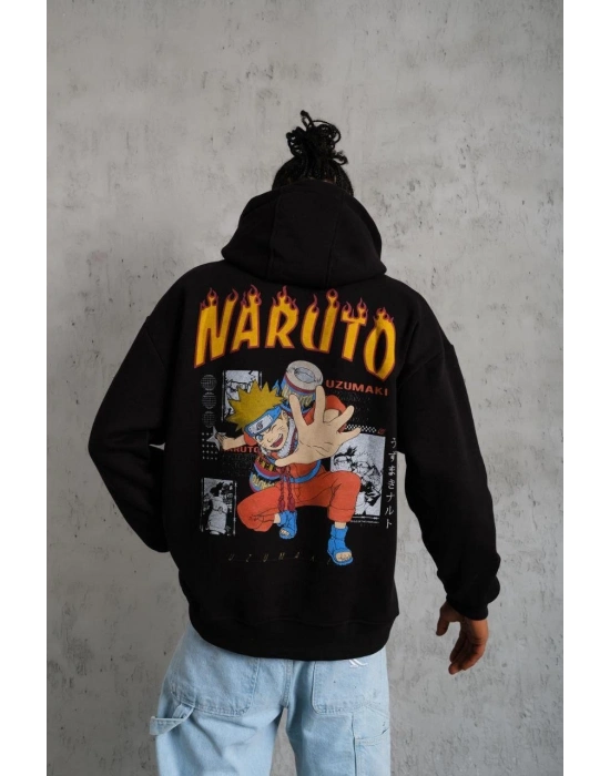 Erkek Baskılı Kapüşonlu 3 iplik pamuklu hoodie Sweatshirt - Siyah
