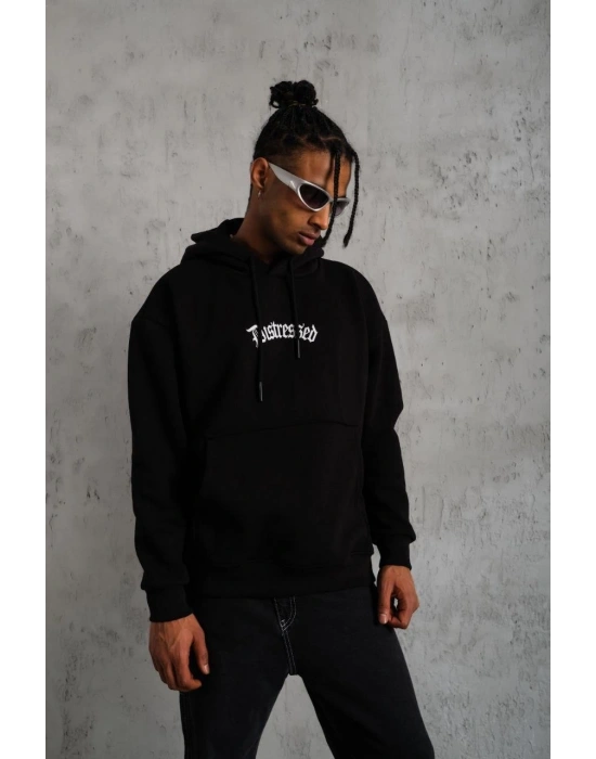 Erkek Baskılı Kapüşonlu 3 iplik pamuklu hoodie Sweatshirt - Siyah