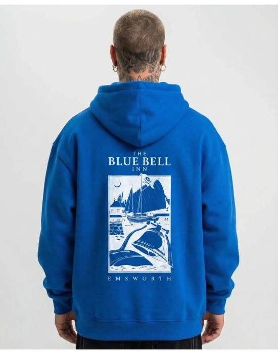 Erkek Baskılı Kapüşonlu Cepli Hoodie 3 İplik Pamuklu Sweatshirt - Saks Mavisii