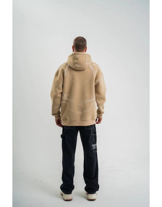 Erkek Baskılı Kapüşonlu Oversize 3 İplik Pamuklu SweatShirt Hoodie - Füme