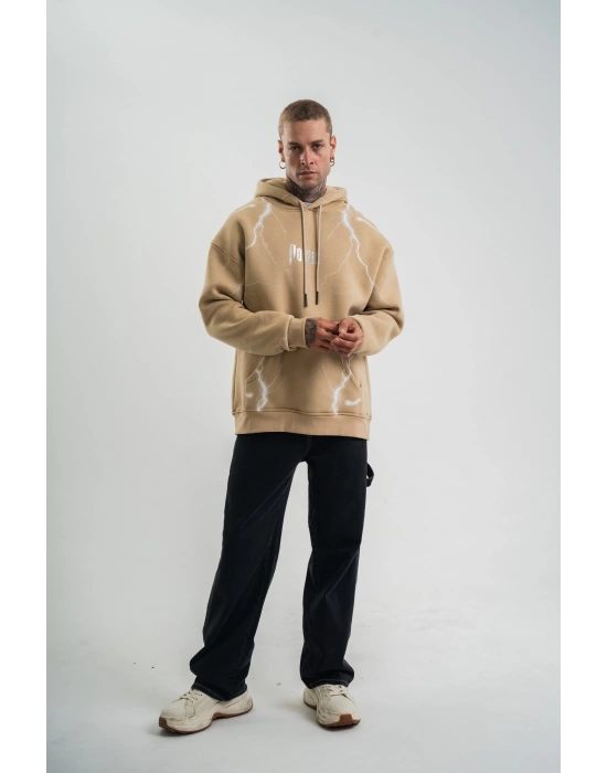 Erkek Baskılı Kapüşonlu Oversize 3 İplik Pamuklu SweatShirt Hoodie - Füme