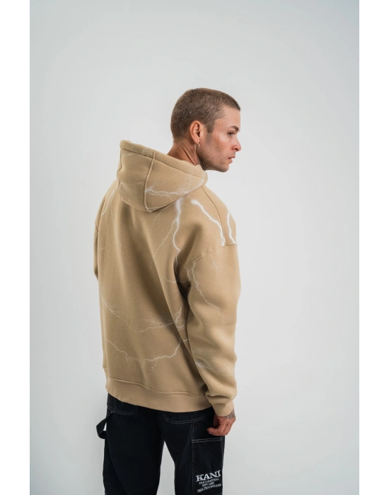 Erkek Baskılı Kapüşonlu Oversize 3 İplik Pamuklu SweatShirt Hoodie - Füme