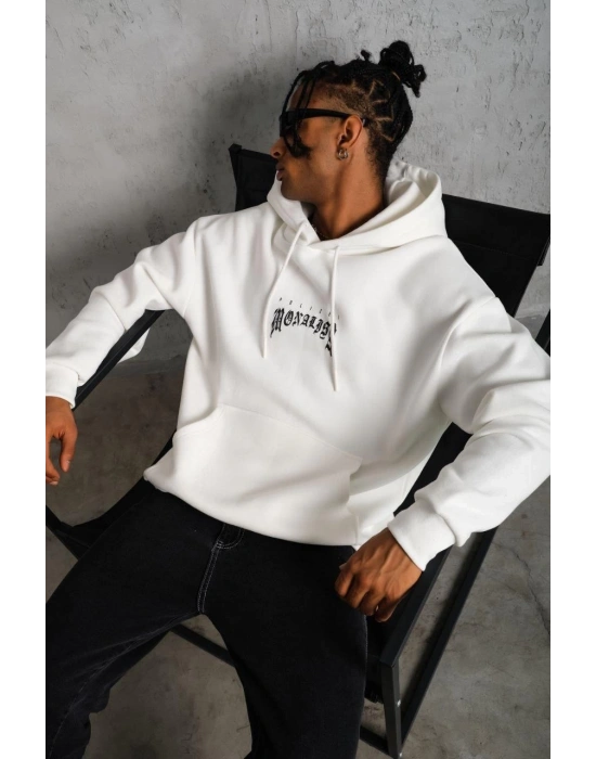 Erkek Baskılı Kapüşonlu ve Kanguru Cepli Sweatshirt hoodie - Beyaz