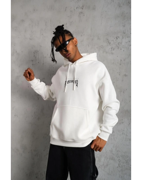Erkek Baskılı Kapüşonlu ve Kanguru Cepli Sweatshirt hoodie - Beyaz