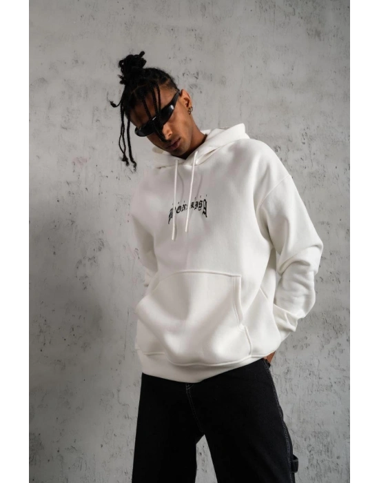 Erkek Baskılı Kapüşonlu ve Kanguru Cepli Sweatshirt hoodie - Beyaz