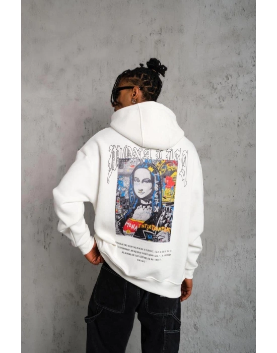 Erkek Baskılı Kapüşonlu ve Kanguru Cepli Sweatshirt hoodie - Beyaz