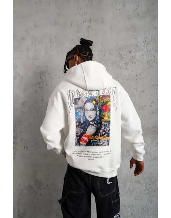 Erkek Baskılı Kapüşonlu ve Kanguru Cepli Sweatshirt hoodie - Beyaz