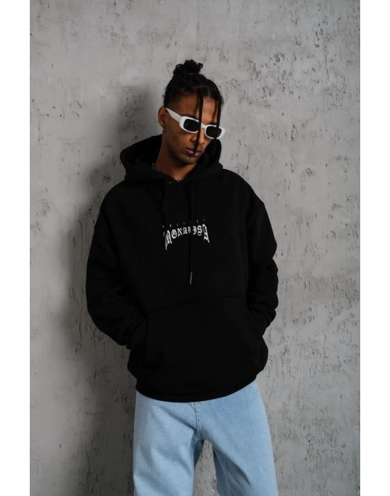 Erkek Baskılı Kapüşonlu ve Kanguru Cepli Sweatshirt hoodie- Siyah