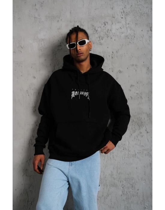 Erkek Baskılı Kapüşonlu ve Kanguru Cepli Sweatshirt hoodie- Siyah