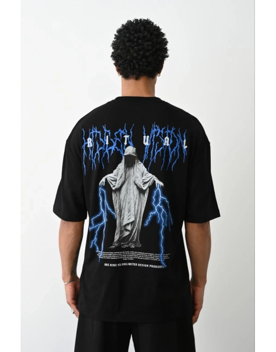 Erkek Baskılı Oversize  Kısa kol T-Shirt - Siyah