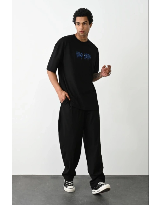 Erkek Baskılı Oversize  Kısa kol T-Shirt - Siyah