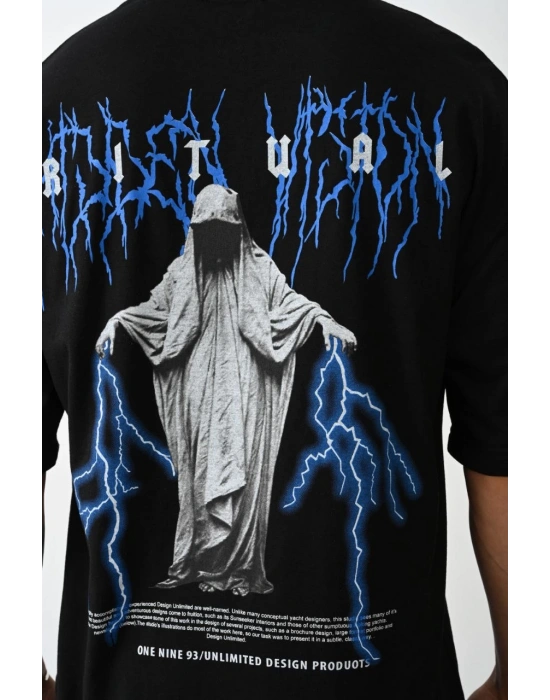 Erkek Baskılı Oversize  Kısa kol T-Shirt - Siyah