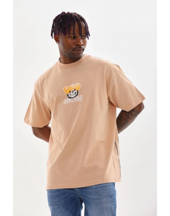 Erkek Baskılı T-Shirt Kısa Kol Bisiklet Yaka Rahat Kalıp Tişört - Bej