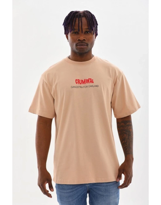 Erkek Baskılı T-Shirt Kısa Kol Bisiklet Yaka Rahat Kalıp Tişört  - Bej