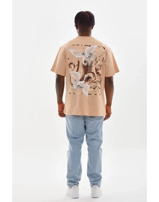 Erkek Baskılı T-Shirt Kısa Kol Bisiklet Yaka Rahat Kalıp Tişört - Bej