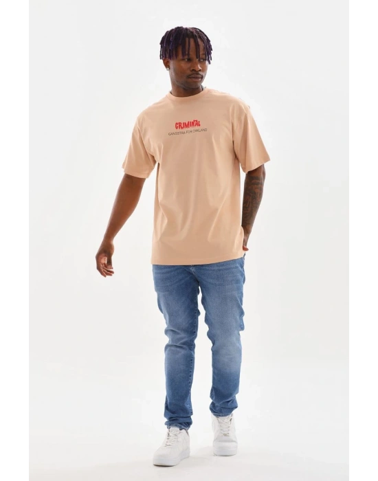 Erkek Baskılı T-Shirt Kısa Kol Bisiklet Yaka Rahat Kalıp Tişört  - Bej
